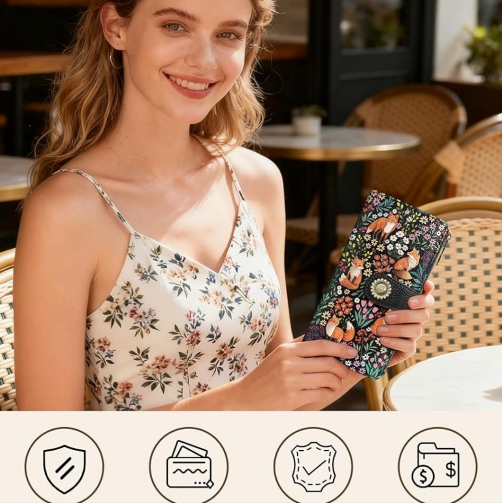 Floral Fox Pattern Wallet Phone Case - Picture 3 of 6